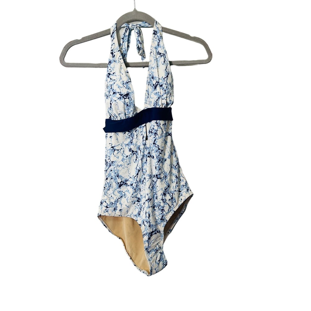 NEW Tart Swim Blue Marbled Print Halter Plunge One Piece Swimsuit Size Medium